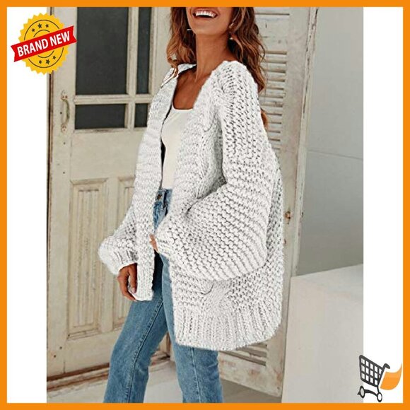 Oversized Chunky Knit Cardigan Open Front Lantern Sleeve Sweater - Picture 5 of 7